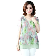 2018 fashion short sleeve shirt women plus size M-4XL o-neck print flower female chiffon blouse fake two piece casual ladies top plus flower print flutter sleeve top