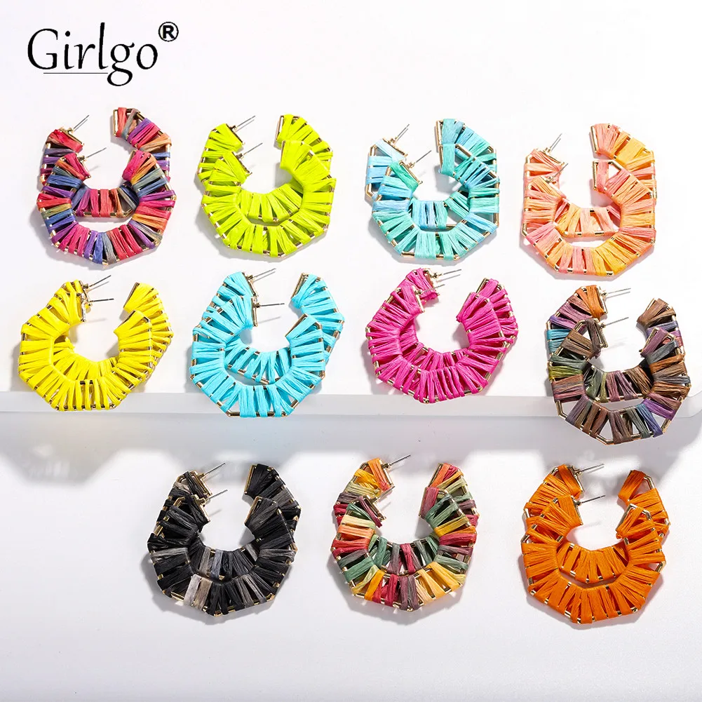 

Girlgo BA Fashion Round Colorful Stud Earrings for Women Raffia Earrings Metal Wedding Party Girl Gifts Jewelry Wholesale