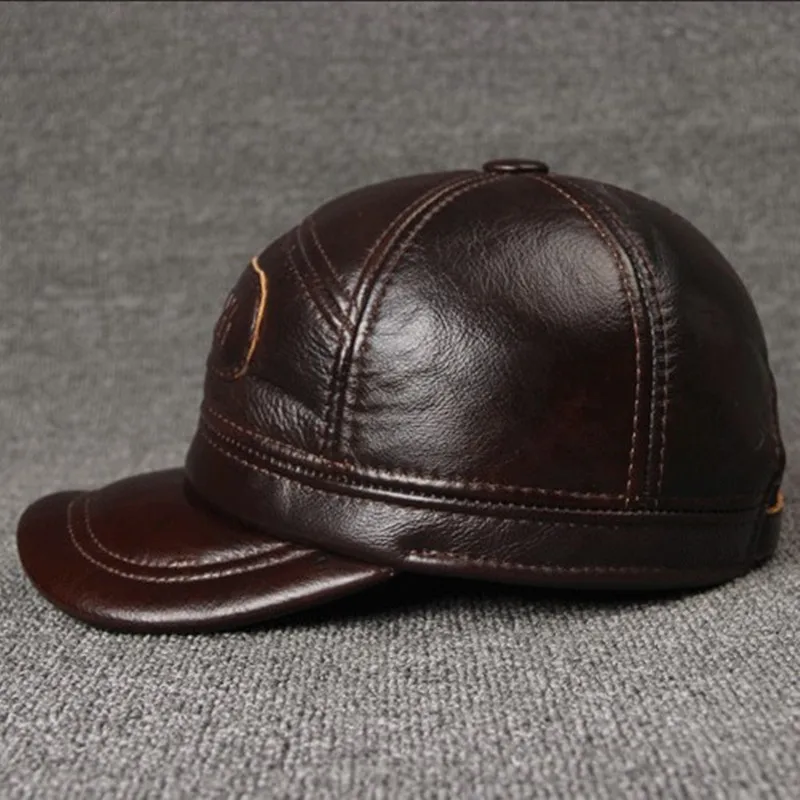 Günstige SILOQIN Einstellbare Größe männer 100% Echtem Leder Kappe Winter Warme Baseball Caps Mit Ohrenschützer Rindsleder Marke Hut für männer