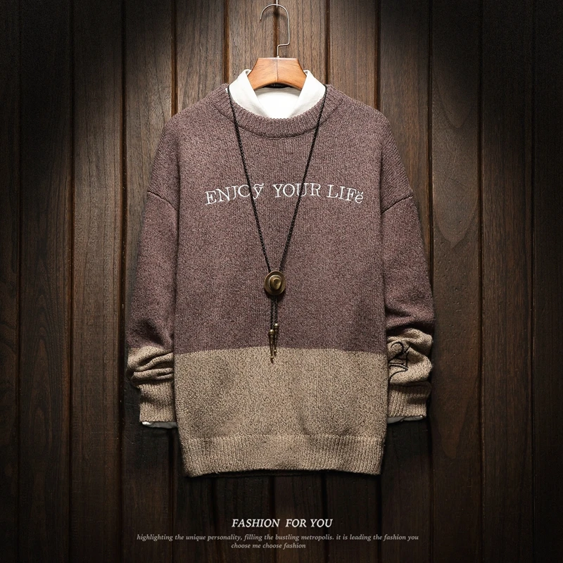 

2019 Autumn New Large Size Men's Casual Simple Round Neck Long Sleeve Letter Embroidery Stitching Pullover Sweater