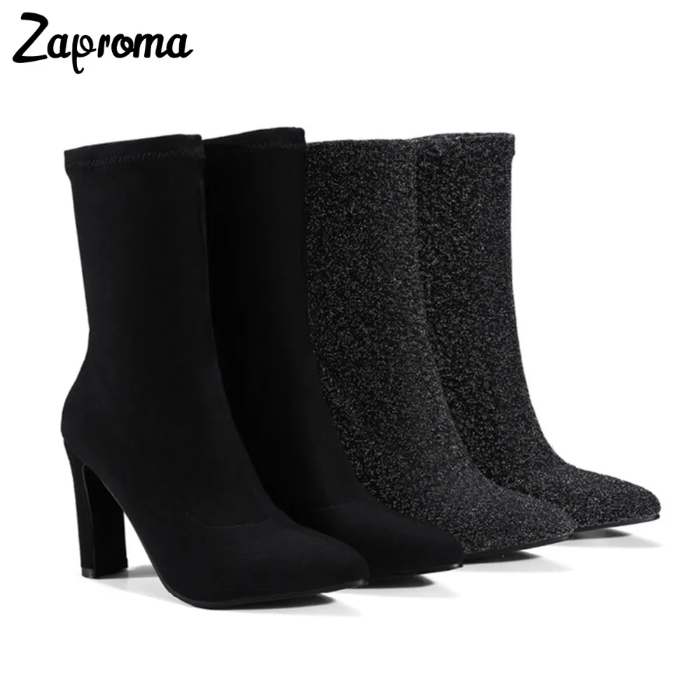 

Bling Dark Gray Lady Shoe Elastic Black Fabric Chunky Heel Women Pointed Toe Sexy Spring Fall Super High Heel Stretch Sock Boots