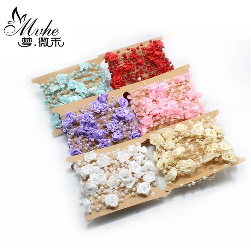 

Fishing Line Pearls diy Cloth art rose flower wedding party decoration crafts Multicolor ribbon flower craft Party Supplies