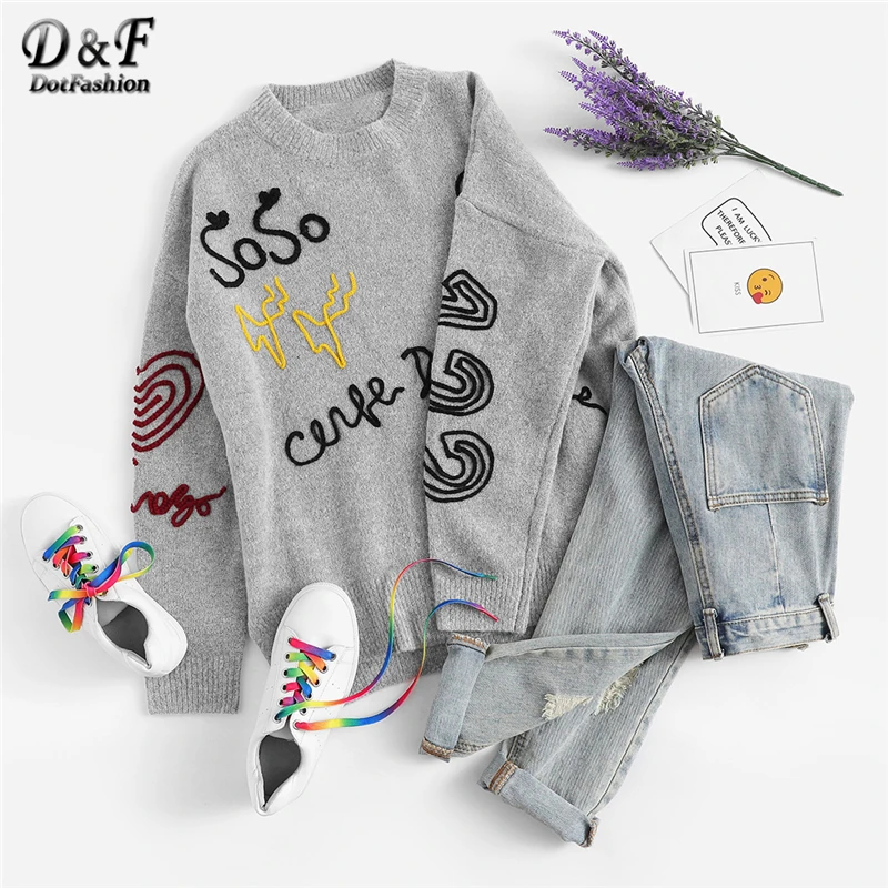 Dotfashion Grey Braided Embroidery Stepped Hem Womens Sweaters 2019 Autumn Casual Clothing Long Sleeve Oversized Pullover Jumper Dotfashion Grey Braided Embroidery Stepped Hem Womens Sweaters 2019 Autumn Casual Clothing Long Sleeve Oversized Pullover Jumper