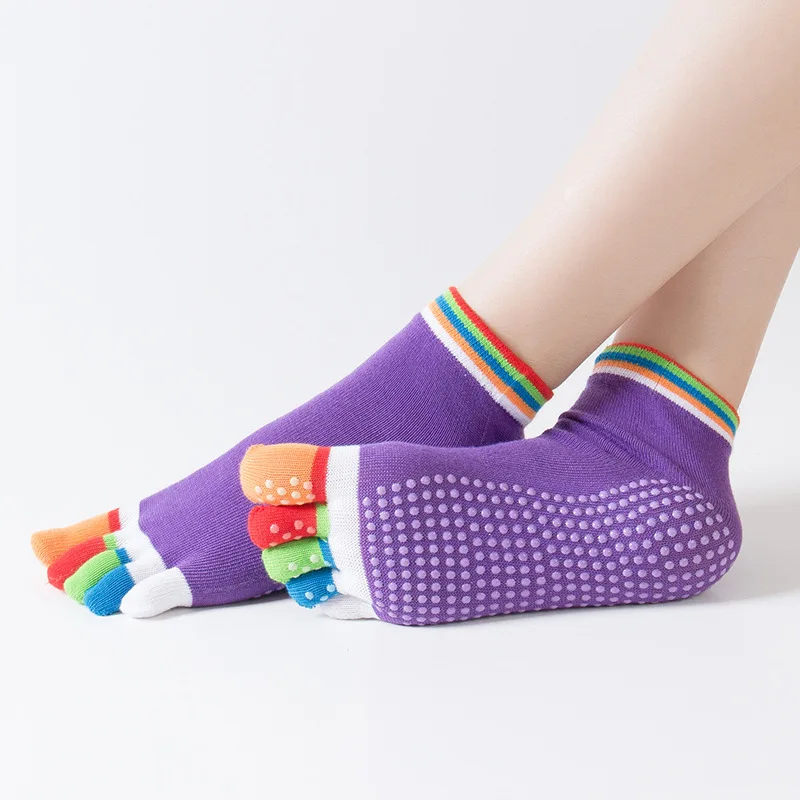 

Women Sports Socks Colorful Fitness Anti Slip Pilates Dance Cotton Breathable Five toe Sock Rainbow Workout Toe Running Socks