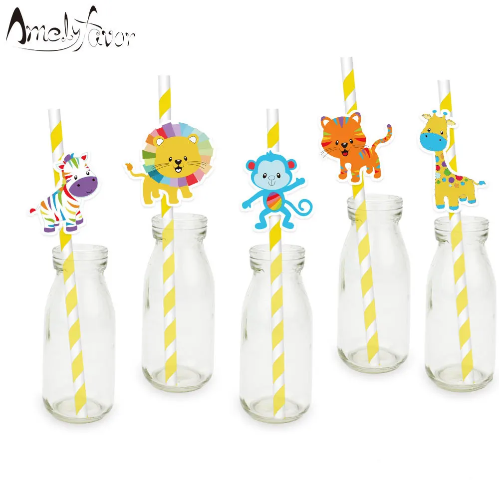 Safari Rainbow Animal Party Straw Paper Straws Decoration Animals Party