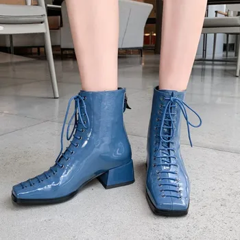 

PXELENA Rome Gladiator Ankle Boots Genuine Patent Leather Lace Up Knight Combat Boots Square Toe Chunky Med Heels Shoes