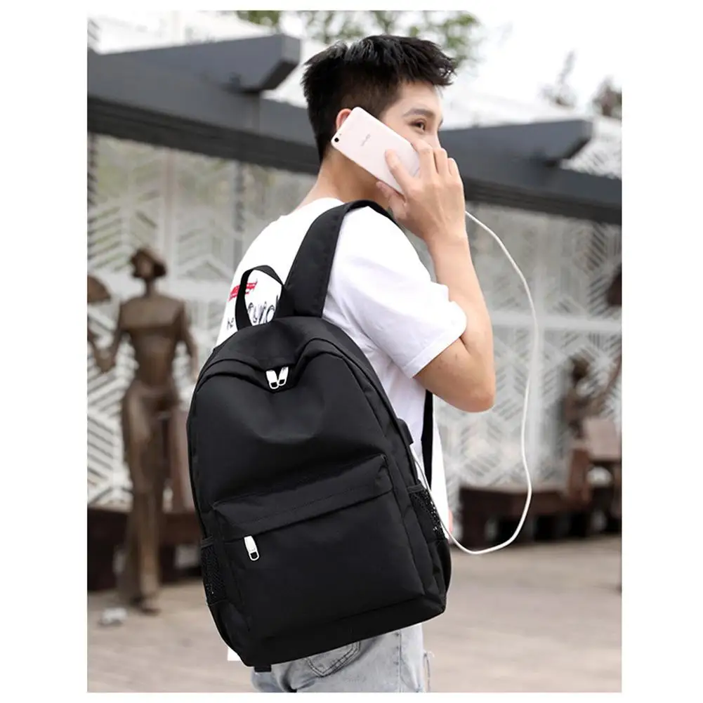 

Yfashion Men Solid Color Backpack With USB Port 14inch Student School Laptop Backpack