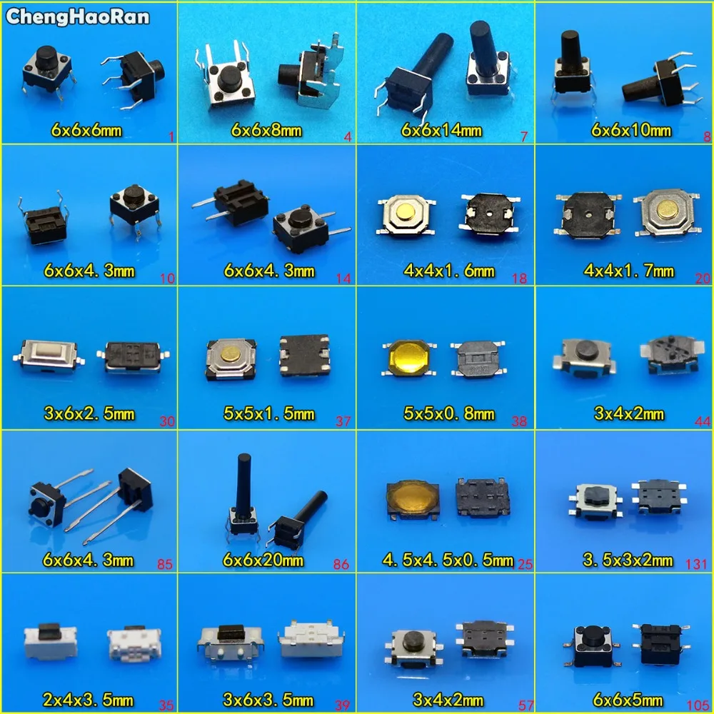 ChengHaoRan 20 моделей 6x6x4,3/5/мм Такт Тактильные Кнопочный переключатель SMD Ассортимент Комплект, 4Pin микро переключатель 3x4x2 мм