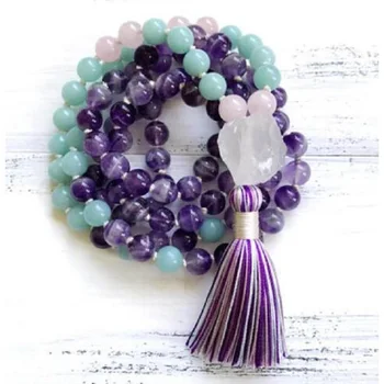 

8mm Natural Purple Pink Crystal 108 Beads Tassel Mala Hand Knotted Yoga Energy Healing Necklace Fashion Women Jewelry Dropship