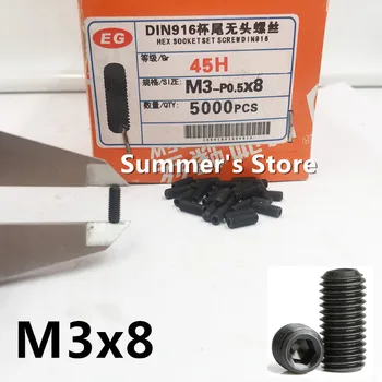 

100pcs/lot DIN916 M3*8mm Alloy Steel Grub Screw M3 Hex Socket Head Set Screw M3*8mm black finished screw blot Grade 12.9