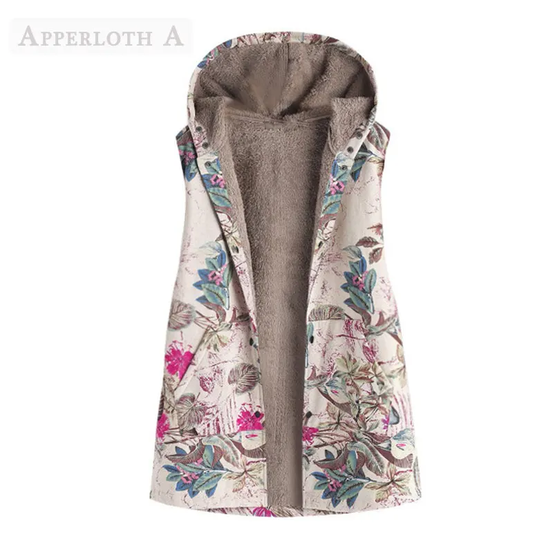 S-5XL, весенне-осенняя флисовая куртка, жилет для женщин, хлопок, лен, винтажный цветочный принт, теплое пальто с капюшоном размера плюс, женский жилет
