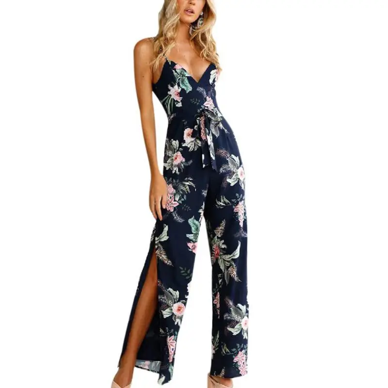 

ROPALIA Women Deep V Neck Print Long Rompers Women Jumpsuits Summer New Women Backless Bodysuits Combination Femme