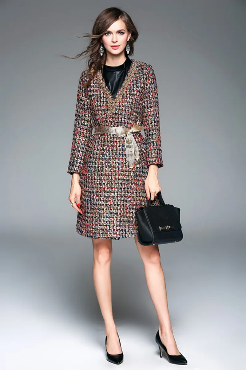 

2019 spring autumn V neck belt tweed coat Fashion elegant overcoat E456