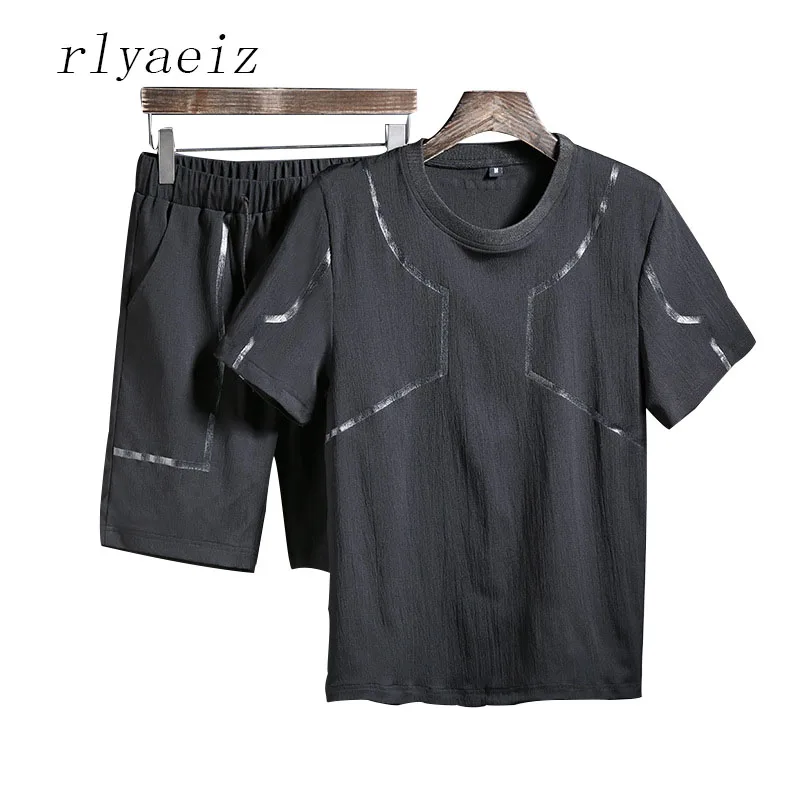 

Rlyaeiz 2018 Summer Casual Slim Sets Mens Tracksuit Cotton Linen Comfortable Geometric Printed T shirts + Shorts Sporting Suit