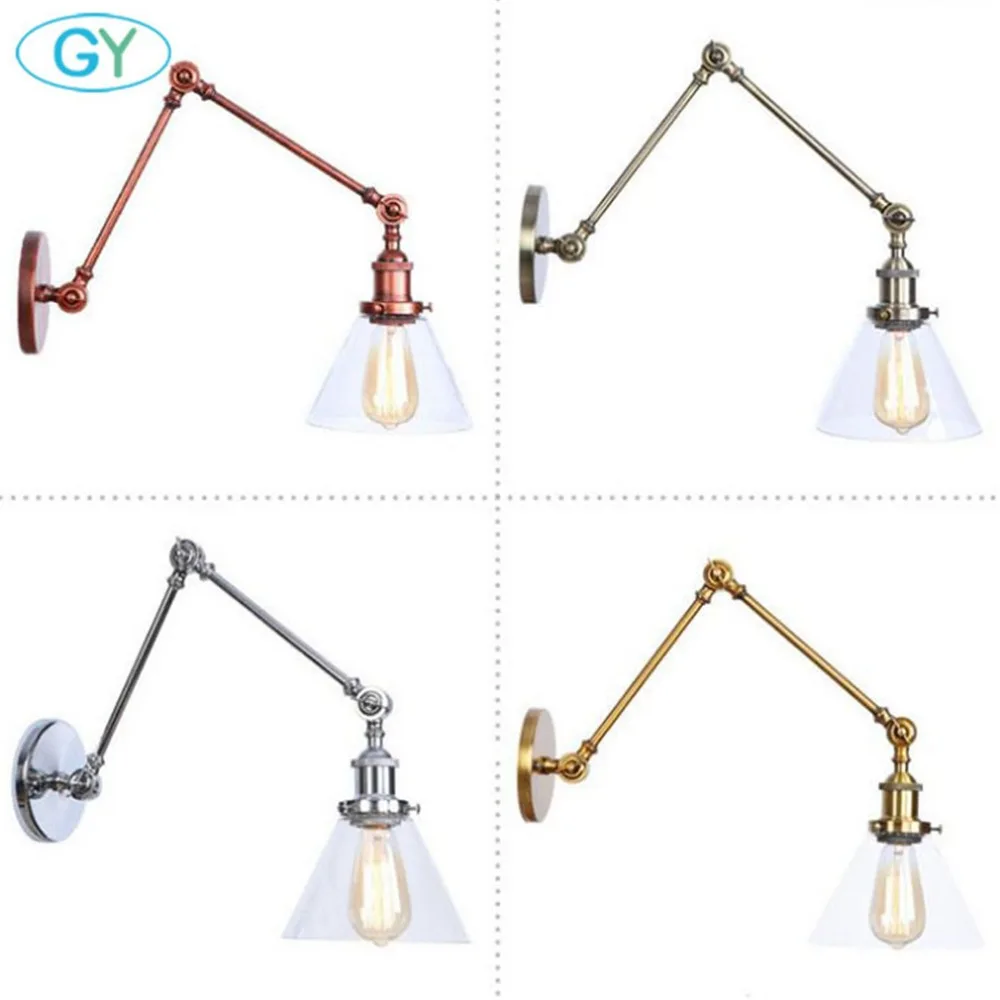 

Vintage Industrial Wall Sconce Lighting Fixture Antique Clear Glass Rustic Bronze Chrome Brass Swing Arm Wall Light E27 Lamp