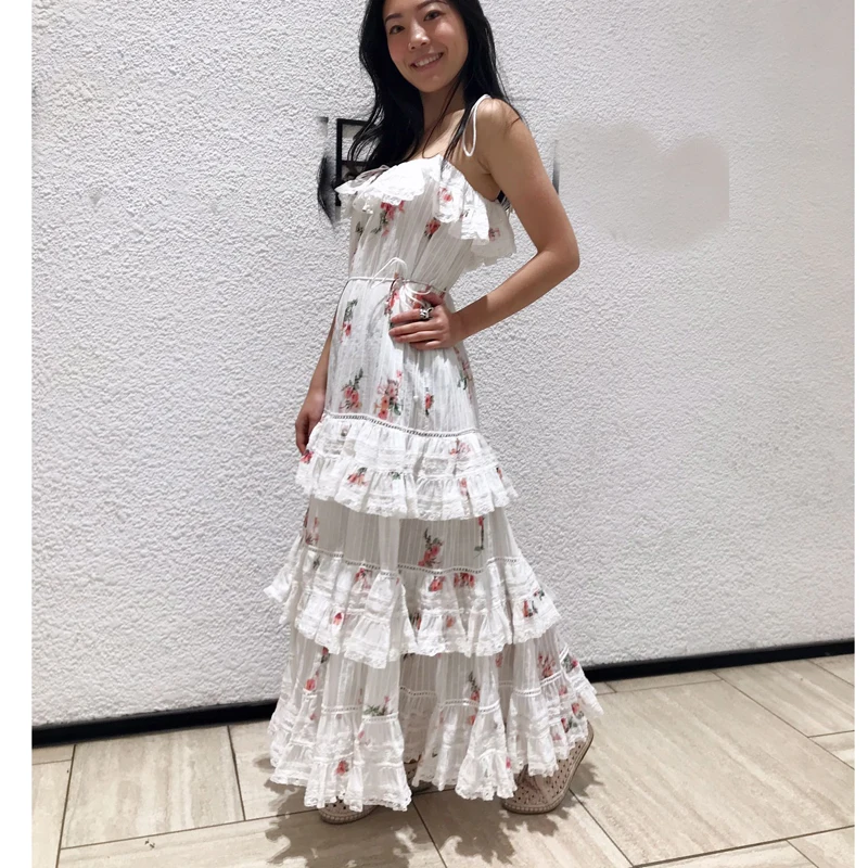 

2019 Runway Designer Woman Maxi Dress Off Shoulder Backless Cascading Ruffles Flower Print Spaghetti Strap Sexy Long Dress