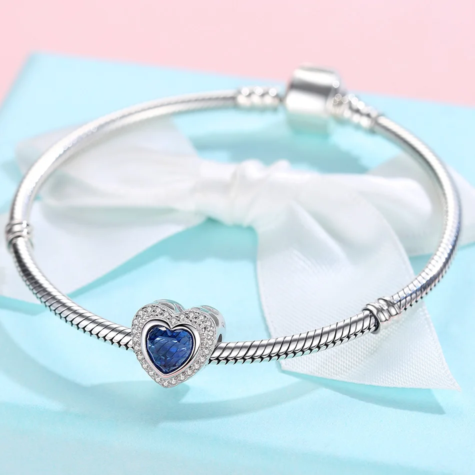 ELESHE European DIY Blue Crystal Beads 925 Sterling Silver Charm Fit Original Pandora Bracelet Custom Photo Personalized Jewelry