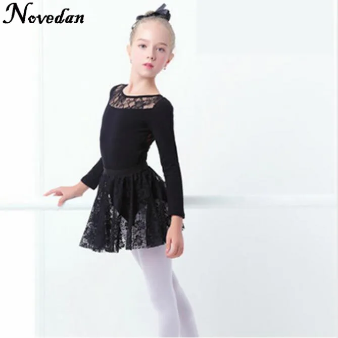 Black Long Sleeve Сексуальный черный кружевной танцевальный костюм для балета без рукавов/с длинными рукавами детский сетчатый танцевальный костюм для девочек, комплект с кружевной юбкой - Цвет: Black Long Sleeve