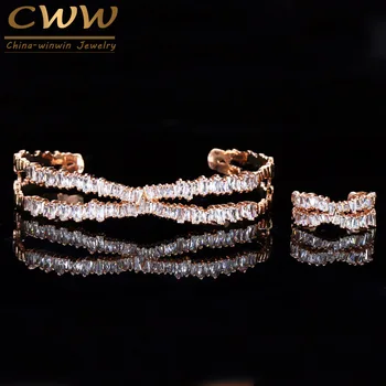 

CWWZircons Adjustable Size Rose Gold Color Bracelet Bangle Ring Set Trapezoid CZ Stone Fashion Brand Women Jewelry Sets T203