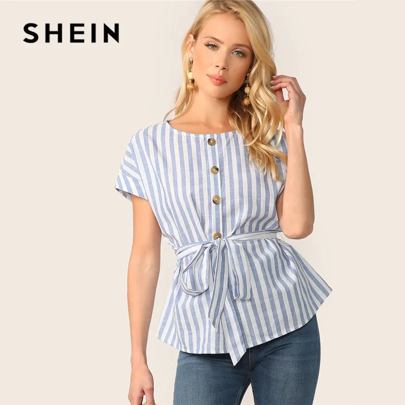 

SHEIN Button Front Self Belted Blue Striped Blouse Women Summer Casual Cotton Roll Up Sleeve Round Neck Blouse Ladies Tops