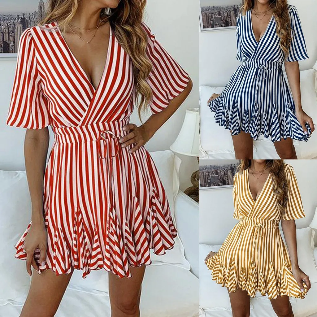 

Spring and Summer Print summer clothes for women Striped Short Sleeves dress woman basic casual dress summer woman#G6