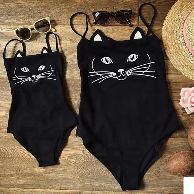 Купальник для мамы и дочки, женский, детский, для девочек, с милым котом, Цельный купальник, купальный костюм, бикини, пляжная одежда - Цвет: Черный