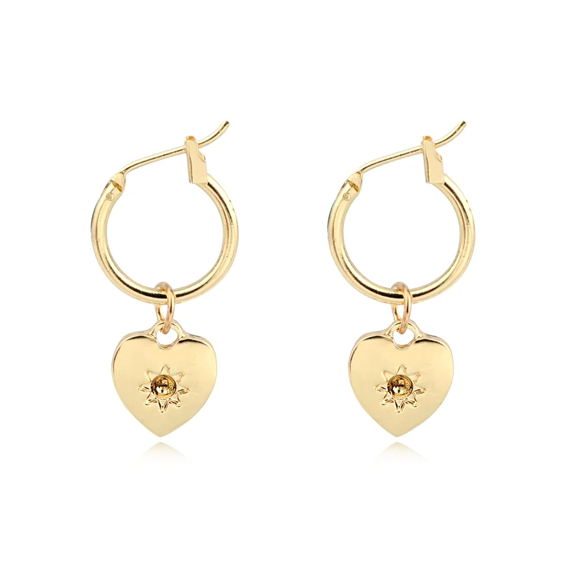 

1Pair Simple Cute Mini Heart With Emboss Sun Hoop Earrings With Pendant Gold Silver Color Small Heart For Women Jewelry E749-3