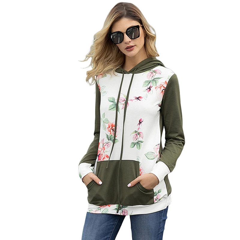 Осень весна Для женщин Повседневное Толстовка темно Kangroo карман Floral Hoodie