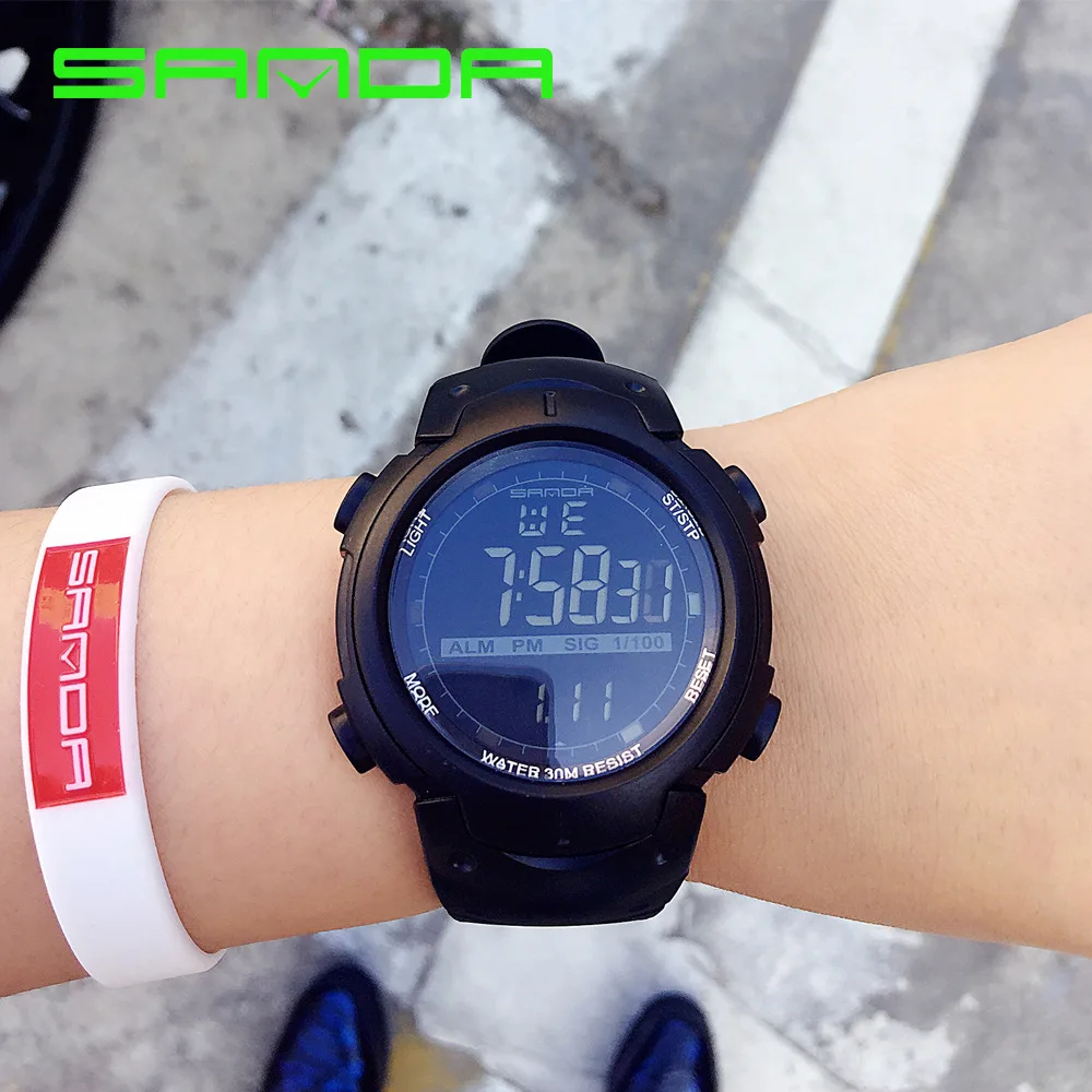 

Hot Sale Original SANDA Brand Big LED Screen Black Multi-functions Digital Waterproof Sport Wrist Watch for Men Male