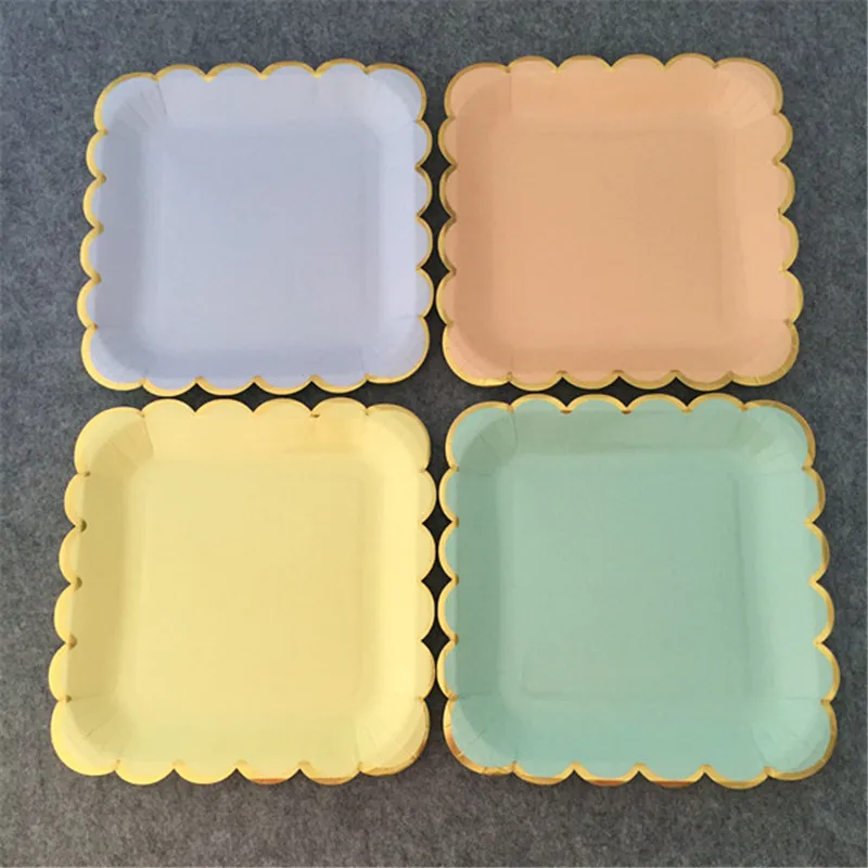 

24pcs Blush Pink & Gold Paper Plates Scalloped Foil Square 23cm Dinner Plates Wedding Bridal Shower/Bachelorette Party Tableware