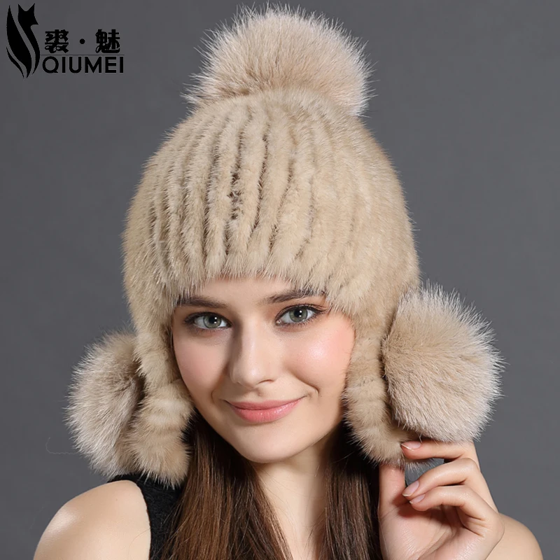 Real Mink Fur Hats Women Cap Warm Natural mink Fur Earmuffs Winter Beanies 100 Natural Fur