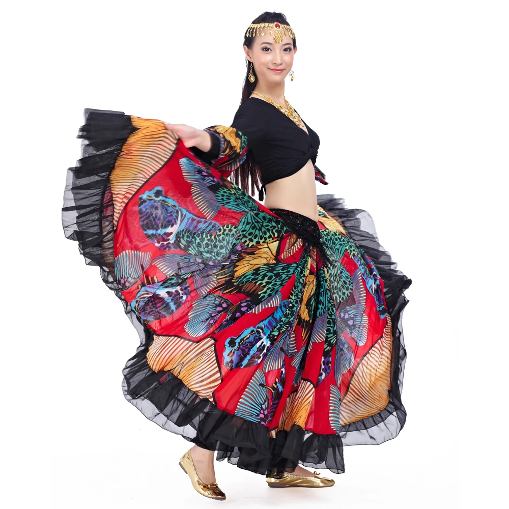 360 градусов Цыганская юбка с принтом бабочки, цыганские костюмы для танца живота, племенная богемная юбка для танца живота, костюмы для фламенко, 2 шт