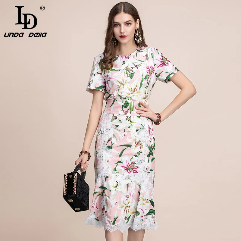 

LD LINDA DELLA Women Spring Summer Dress Runway Fashion Designer Short Sleeve Gorgeous Lace Flower Printed Elegant Slim Dresses