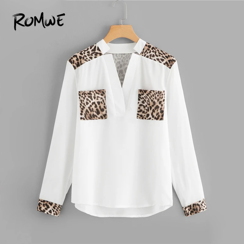 

ROMWE Leopard Panel V Neck Blouse 2019 Casual White Asymmetrical Pocket Spring Tops Fashion Swish Long Sleeve Women Shirts