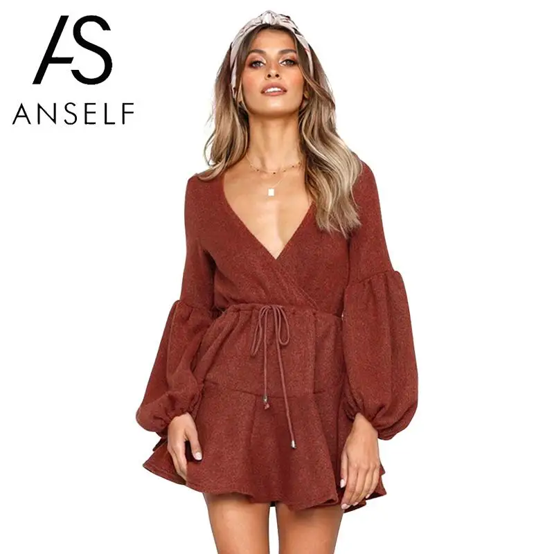 

Anself Women Knitted V Neck Dress Long Lantern Sleeve Ruffles Hem Elegant Warm Sweater Dress High Waist Mini Casual Dresses 2019
