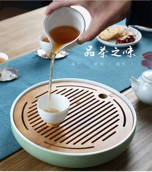 

LISM Household ceramic bamboo tea tray Chinese Kung Fu tea set accessories tea tray round simple mini water storage tea tray