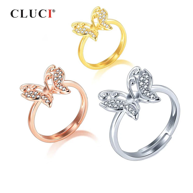 

CLUCI 925 Sterling Silver Ring Jewelry Women Pearl Ring Mounting Real Silver 925 Zircon Adjustable Women Butterfly Ring SR2218SB