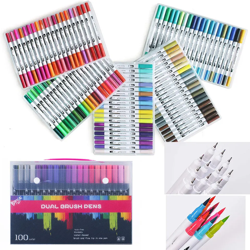 

100 Color sharpie Student Book Paint Art Coloring Marker Pen Set Manga Watercolor Double Tip Head Fine Line Marker brush pen