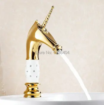 

Horse head Solid Brass with white ceramic and Diamond body Bathroom Mixer Taps Gold Plated Luxury Sink Faucet G1076