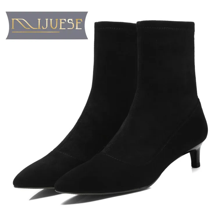

MLJUESE 2019 women Mid calf boots stretch fabric pointed toe low heel slip on autumn spring women martin boots socks boots