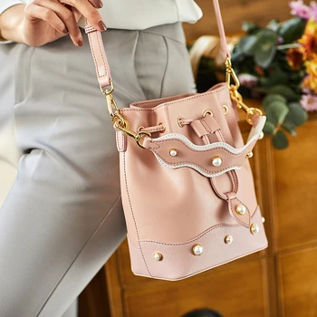 

EMINI HOUSE Pearl Series Split Leather Women Bucket Bag Handbag Bags Drawstring Wide Strap Shoulder Bag Crossbady Bags for Women