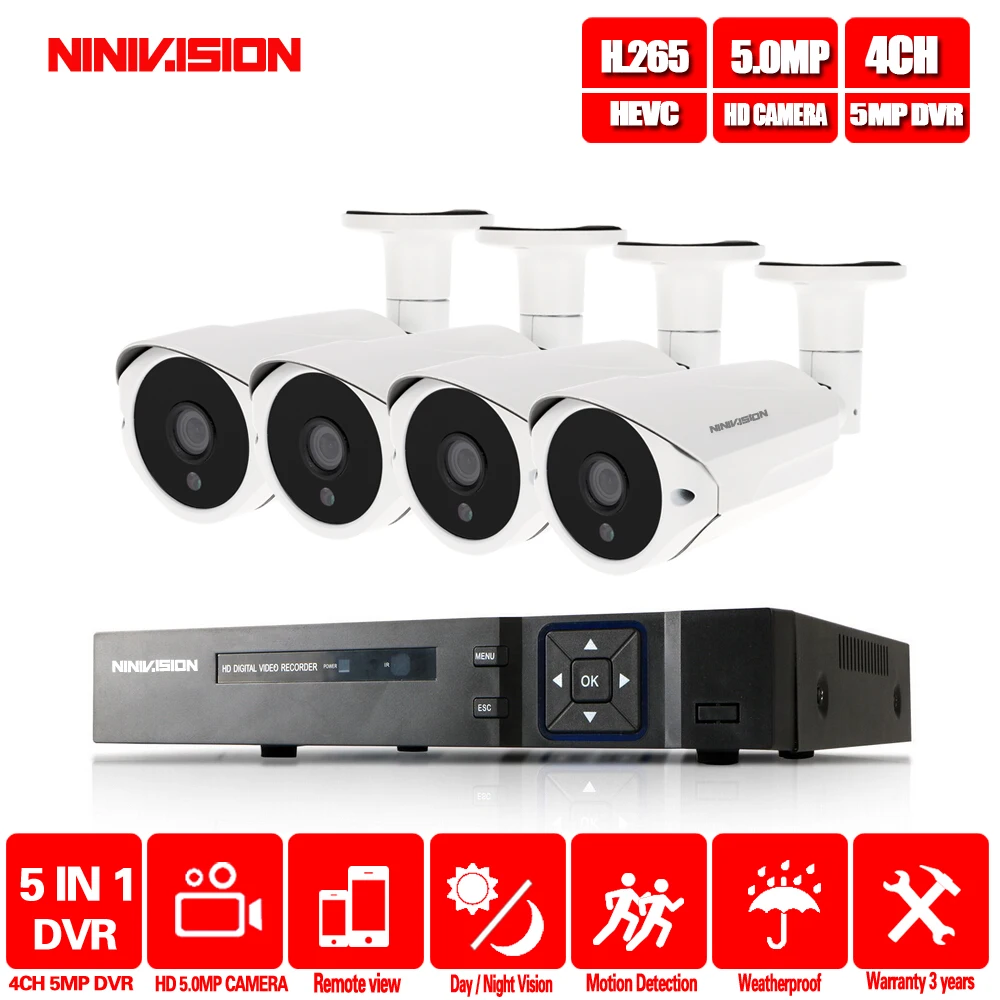 NINIVISION HD 5MP H.265 видеонаблюдение 4 камеры s камера безопасности Набор для видеонаблюдения HD 5MP Крытая уличная камера безопасности Система - Цвет: Белый