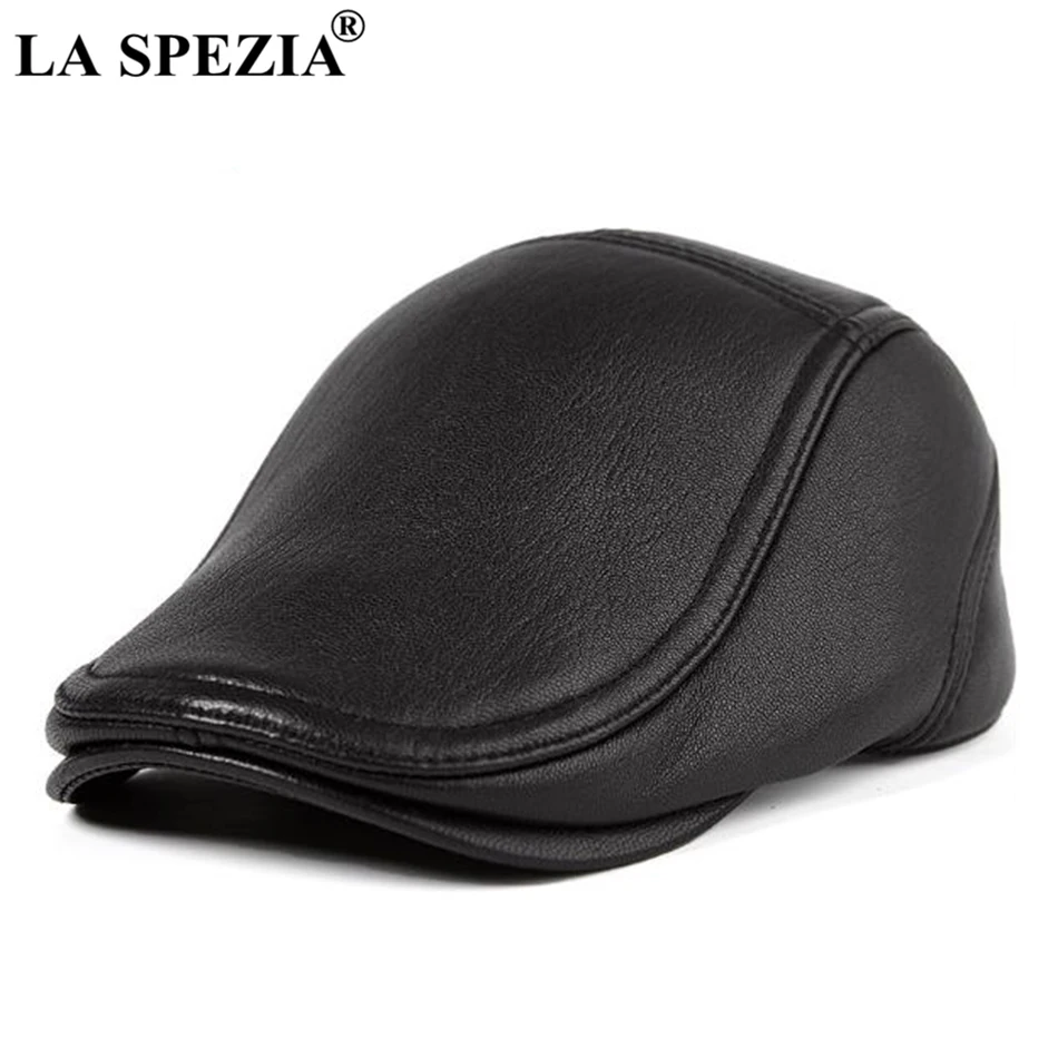 

LA SPEZIA Real Leather Falt Caps For Men Black Vintage Beret Hat Male Genuine Leather Sheepskin High Quality Duckbill Driver Hat