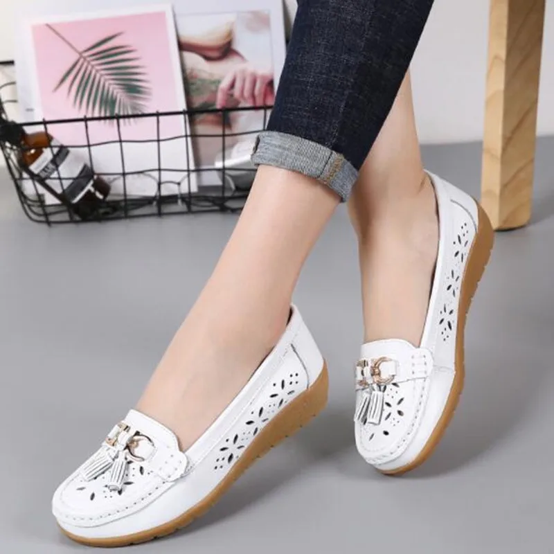 

PADEGAO 2019 Summer Genuine Leather Women Casual Shoes Selling Fashion Breathable Slip-on Peas Massage Flat Shoes