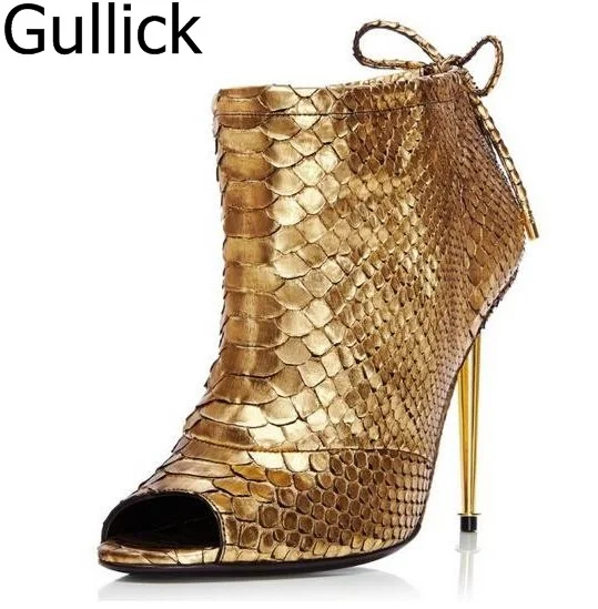 

Hot Sale Shining Gold Snakeskin Leather Open Toe Sandals Lace Up Bowtie Thin Metal Heel Party Sandals Cheap Price Short Boot