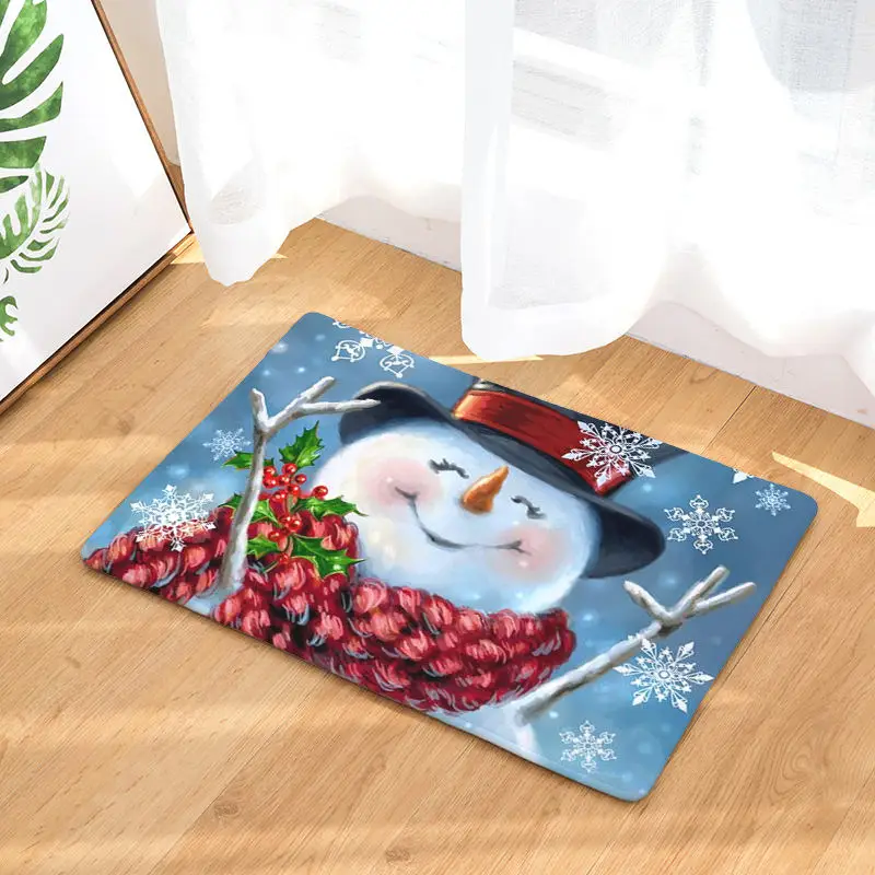 

Winter Snowman Outdoor Mats Christmas Home Hat Rug Carrot Mailbox Forest Snowflake Teens Stripe Moonlight 3D Kitchen Rug