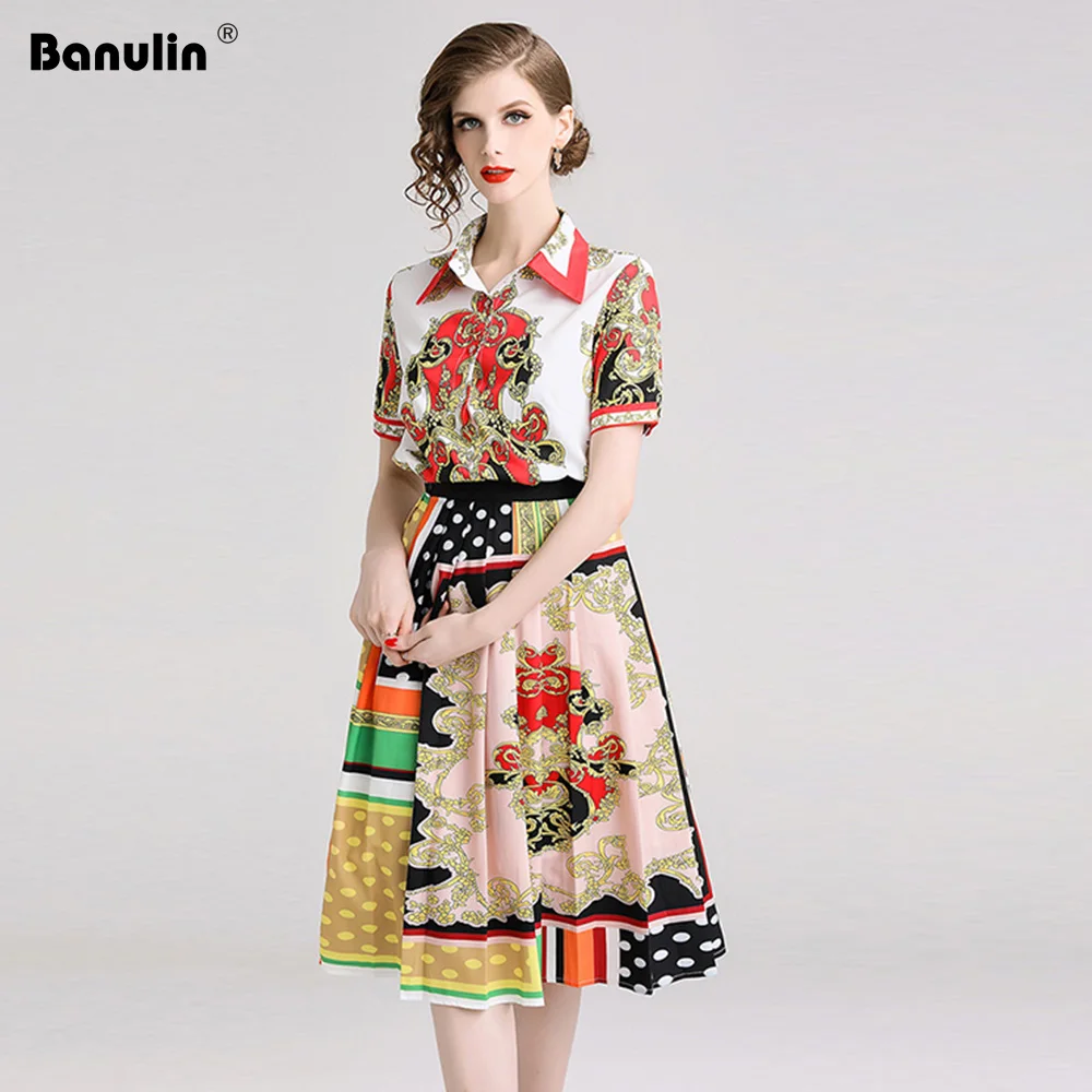 

2019 Summer Runway Designer Suit Set Women Short Sleeve Flower Print Shirt Tops + Pleated Expansion Skirts Two Pieces Set B6210