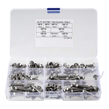 

150pcs M5 304 Stainless Steel Hex Socket Button Head Cap Bolts Screws Nuts Kit Fastener Hardware With Box