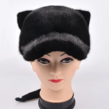 

Women Winter Mink Fur Hat New Fashion Natural Whole Skin Mink Fur Cap Female Solid Casual Visors With Tail Fur Caps