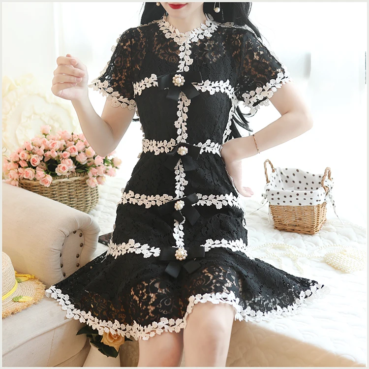 New Summer Fashion Hollow Out Crochet Lace Dress Women Short Sleeve Beading Back Lace-up Vintage Dress Party Vestidos